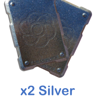 Two Silver Colored Orgone Phone Shields
