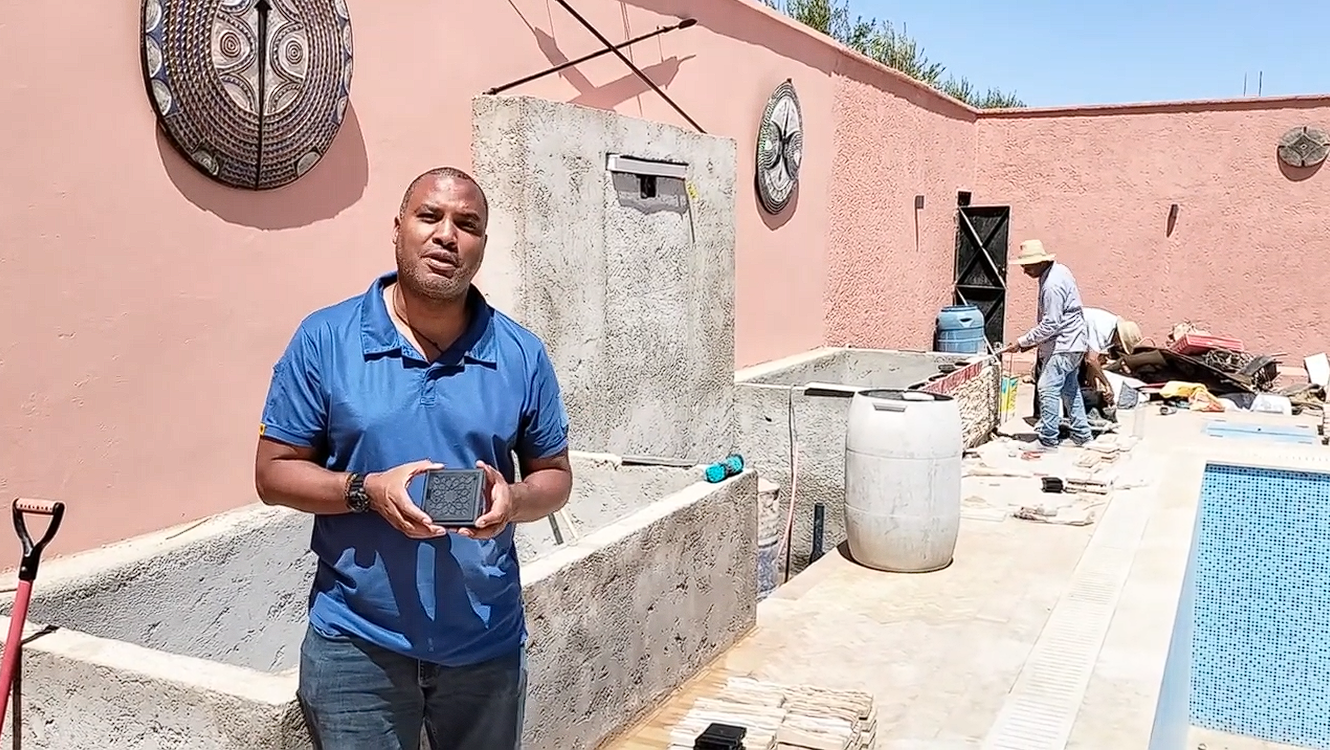 construction tiles by pool