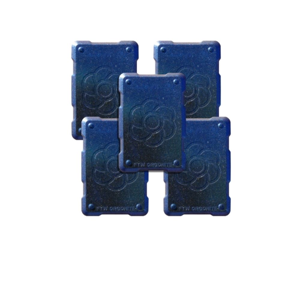 Set of five Harmonic Shields, FTW handcrafted orgonite phone stickers in blue