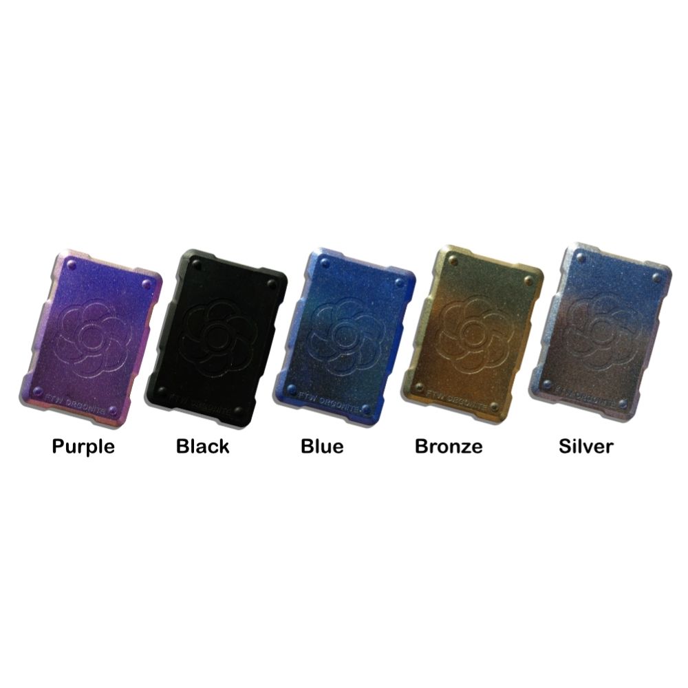 Set of five Harmonic Shields, FTW handcrafted orgonite phone stickers, one each in black, blue, purple, green, and gold