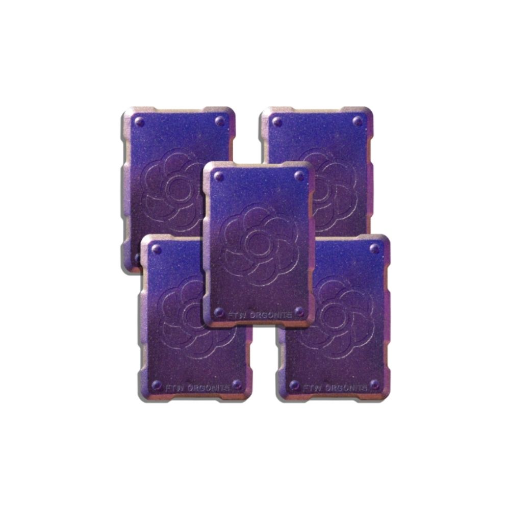 Set of five Harmonic Shields, FTW handcrafted orgonite phone stickers in purple