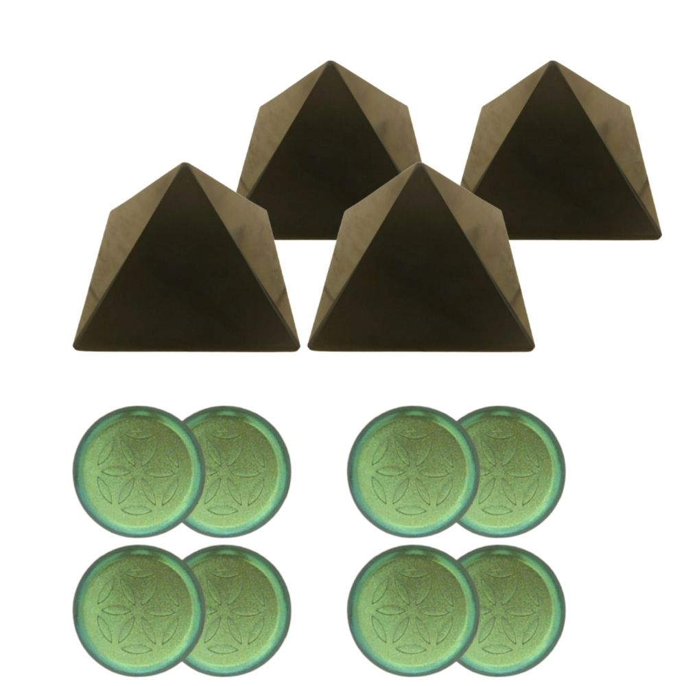 Home The Community Garden Set, FTW handcrafted orgonite Garden Pucks and Orgonite Pyramids in black and holographic green